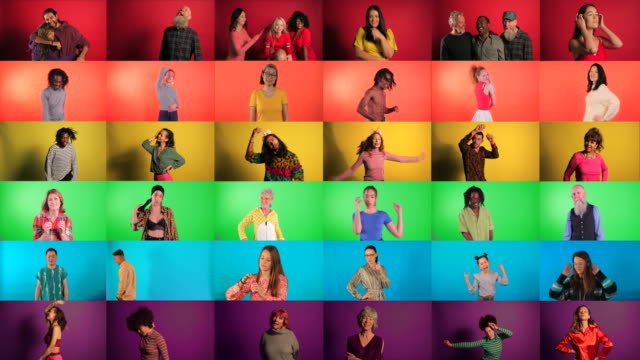 A 4k resolution montage of a large group of individual portraits together to form a pride flag, a multi-ethnic group of mixed aged people can be seen expressing freedom through dance.