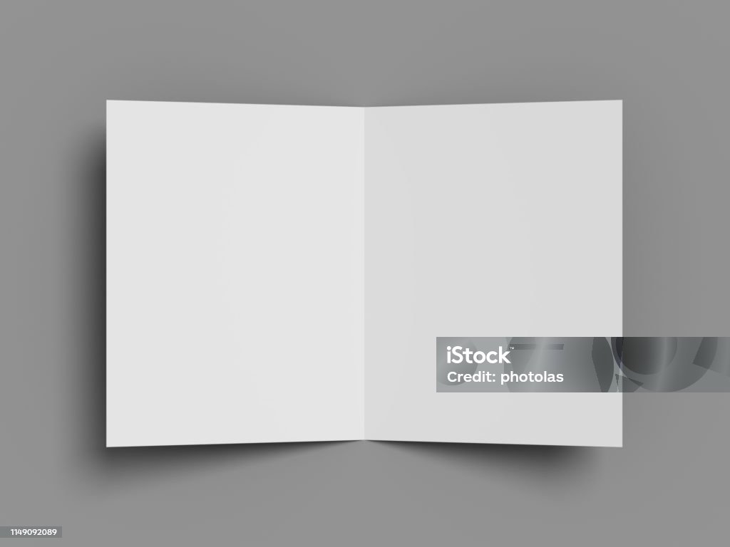 White vertical booklet mockap brochure magazine A4 divided into two parts isolated on a grey background. 3D image. Blank Stock Photo