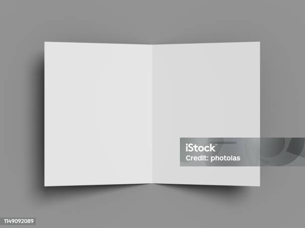White Vertical Booklet Mockap Brochure Magazine A4 Divided Into Two Parts Isolated On A Grey Background 3d Image Stock Photo - Download Image Now