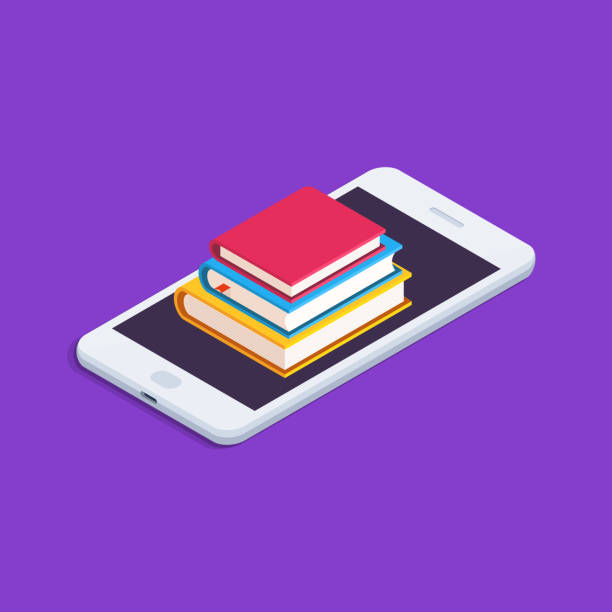 Education Concept. Flat, Isometric illustration with Smartphone and Stack of Books. Education Flat Isometric Illustration. e reader stock illustrations