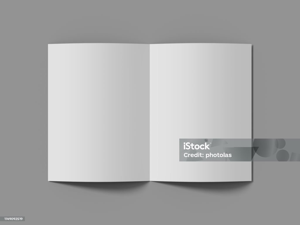 White vertical booklet mockap brochure magazine A4 divided into two parts isolated. 3D image. Blank Stock Photo