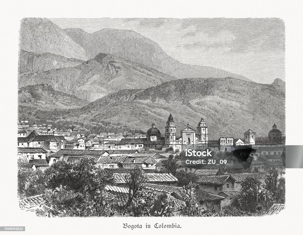 Historical view of Bogotá, Colombia, wood engraving, published in 1897 Historical view of Bogotá - capital and largest city of Colombia. Wood engraving after a photograph, published in 1897. Colombia stock illustration