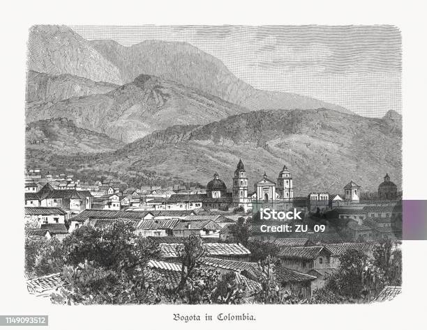 Historical View Of Bogotá Colombia Wood Engraving Published In 1897 Stock Illustration - Download Image Now