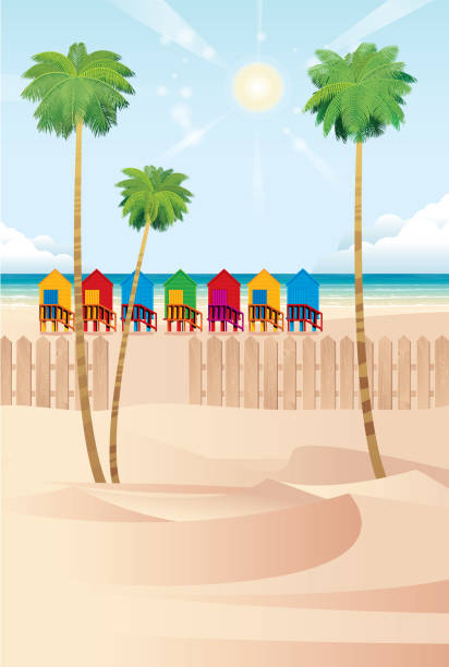 пляж южная африка, здравствуйте лето - hut island beach hut tourist resort stock illustrations