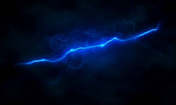blue lightning glowing electrical discharge on dark background thunderstorm stock pictures, royalty-free photos & images