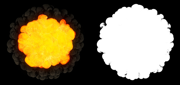 Top view explosion with with smoke.  Ideal for compose with another image. Clipping path and alpha channel included.