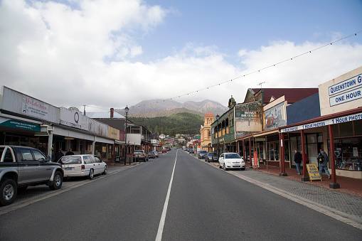 Queenstown, Tasmania: April 03, 2019: Orr Street is in the retail centre of Queenstown with hotels, shops and restaurants.