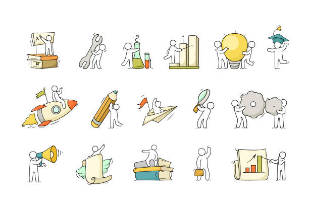 set with little people and education symbols. Cartoon set with little people and education symbols. Doodle cute miniature scene of workers with books, rocket. Hand drawn vector illustration for science design.Cartoon set with little people and education symbols. Doodle cute miniature scene of workers with books, rocket. Hand drawn vector illustration for science design. mathematical symbol illustrations stock illustrations