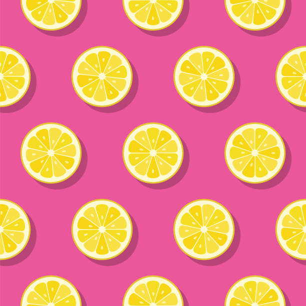 illustrazioni stock, clip art, cartoni animati e icone di tendenza di motivo fette di limone su sfondo rosa. - pink background illustrations