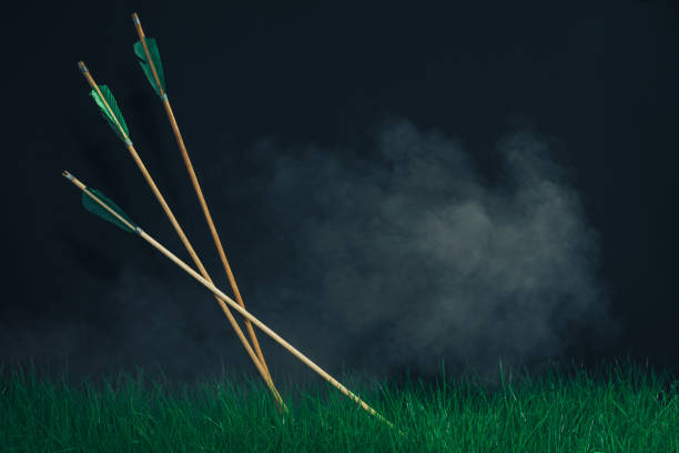 istock Three wooden arrows in the grass. Beautiful smog background. Medieval weapons handmade. 1149096495