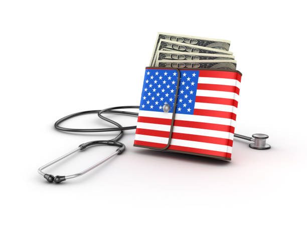 istock Wallet with Dollar Bills and USA Flag with Stethoscope - 3D Rendering 1149096622