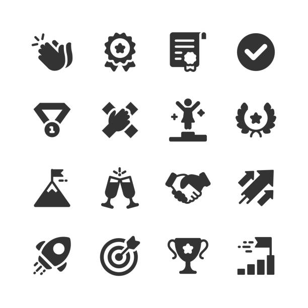 Success and Awards Glyph Icons. Pixel Perfect. For Mobile and Web. Contains such icons as Applause, Medal, Badge, Winning, Rocket, Trophy. 16 Success and Awards Glyph Icons. challenge icons stock illustrations