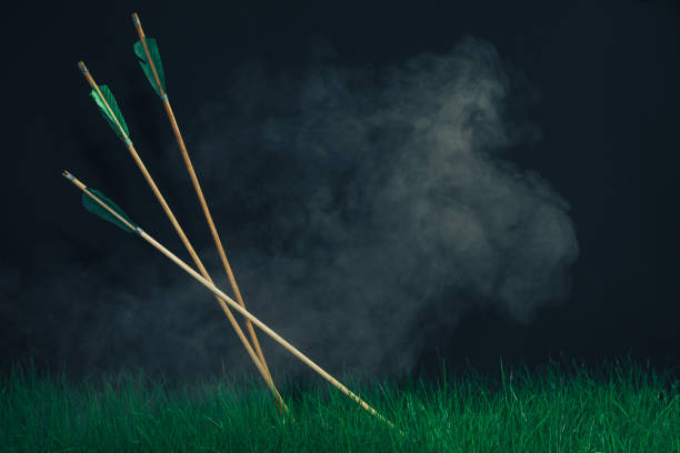 istock Three wooden arrows in the grass. Beautiful smog background. Medieval weapons handmade. 1149097907