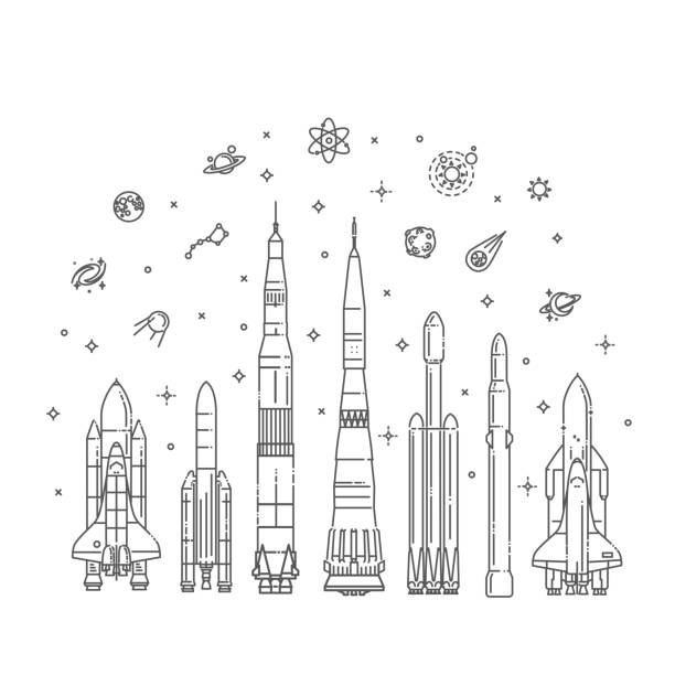 ilustrações, clipart, desenhos animados e ícones de coleção da nave espacial no projeto liso - exploração espacial