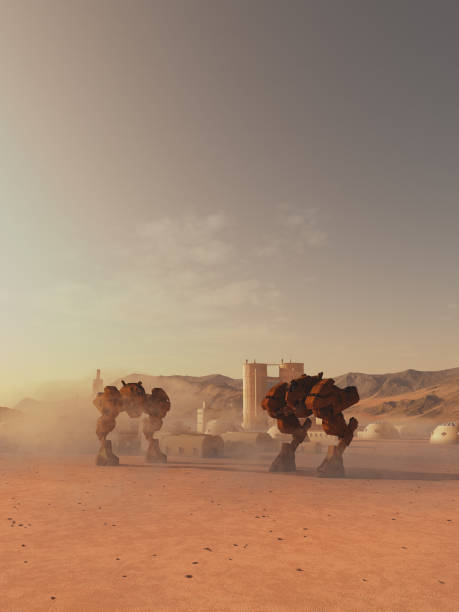istock Giant Battle Robots Guarding a Martian Colony 1149101369