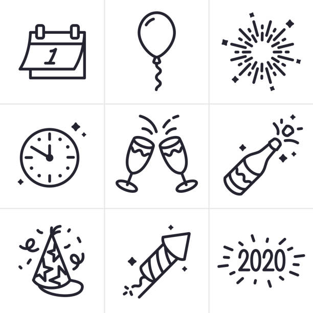 Happy New Years line icons and symbols for party and celebration.