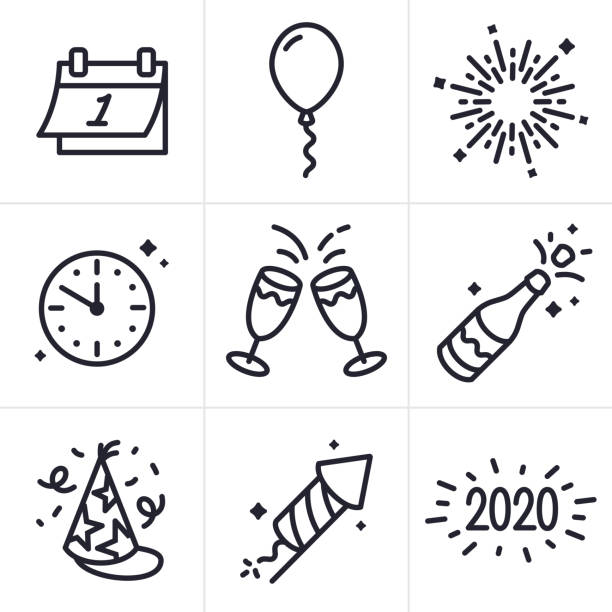 New Years Celebration Line Icons and Symbols Happy New Years line icons and symbols for party and celebration. drinks utensil stock illustrations