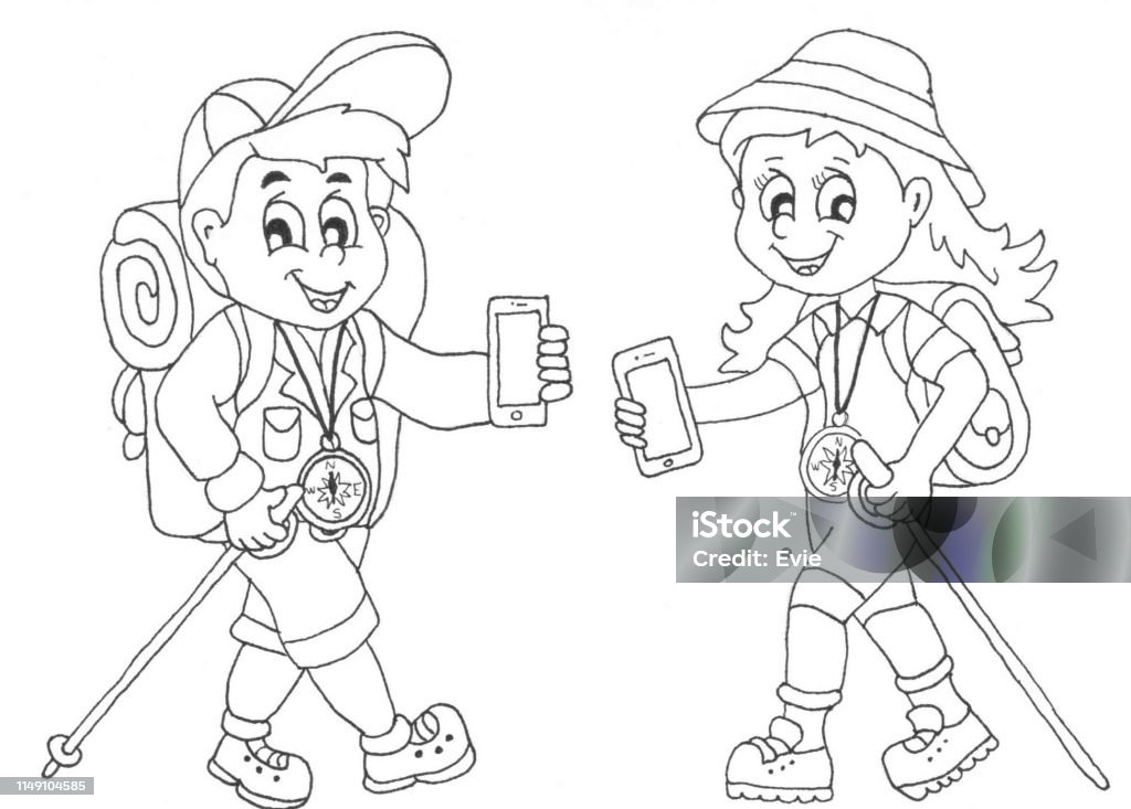 Two hikers My drawing of two hikers with phones and compasses Hiking Boot stock illustration