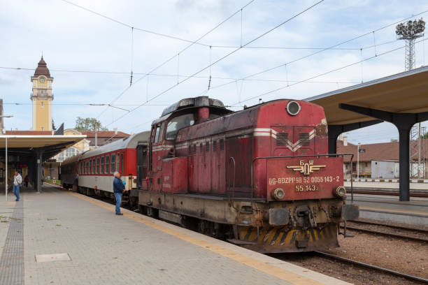 Burgas, Bulgaria - May 13 2019: Locomotive Faur Class 55 used by the Bulgarian State Railways at Burgas Central railway station.