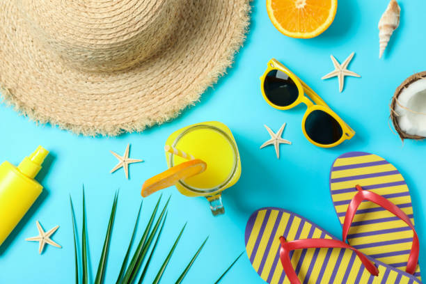 istock Flat lay composition with summer vacation accessories on color b 1149106072