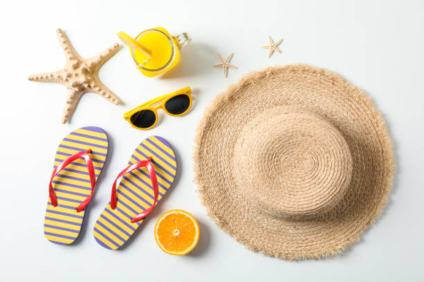 istock Flat lay composition with summer vacation accessories on white background,top view. Happy holidays 1149106343