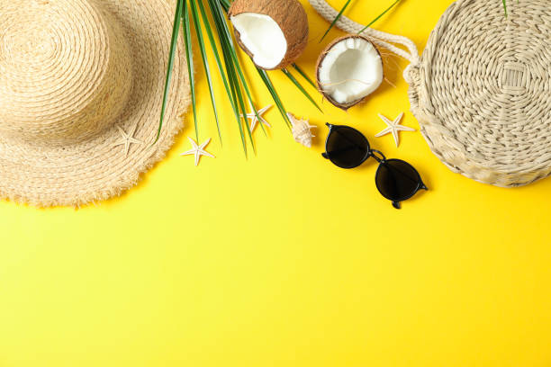 istock Flat lay composition with summer vacation accessories on color background, space for text and top view. Happy holidays 1149106464