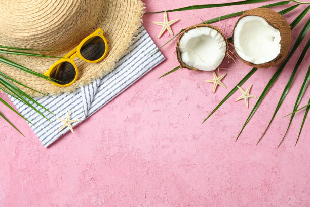 istock Summer vacation accessories on color background, space for text. Summer vacation backdrop 1149106986