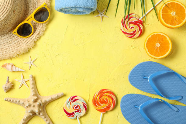 istock Flat lay composition with summer vacation accessories on color background, space for text and top view. Happy holidays 1149107058