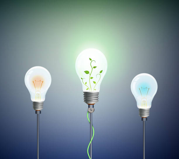 istock Eco light bulb concept, group of bulbs and one is green, realistic light bulb with plant inside and two simple bulbs red and blue, ecology energy concept 1149110321