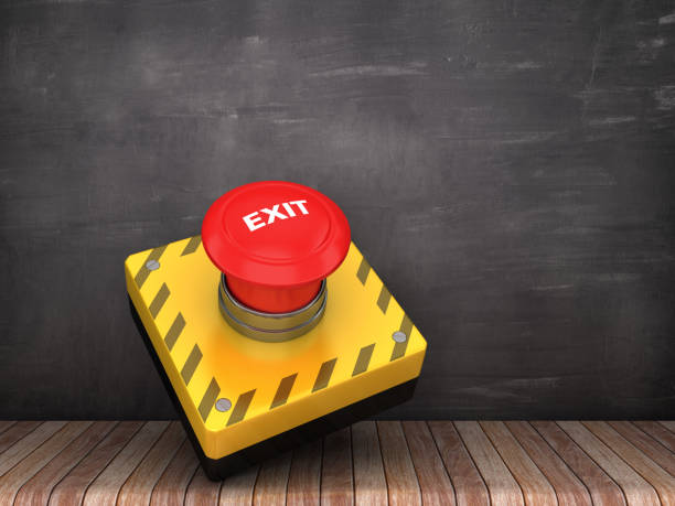 exit push-button auf chalkboard-hintergrund-3d-rendering - push button off stock-fotos und bilder