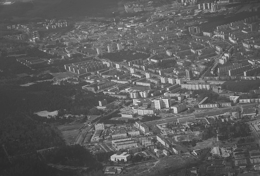 Aerial view of urban area. Mustamae, Tallinn, Estonia. Black and white.