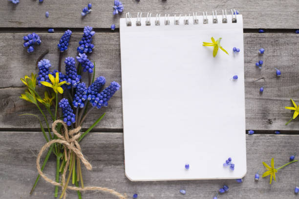 istock Notebook, spring flowers on wooden background 1149115967