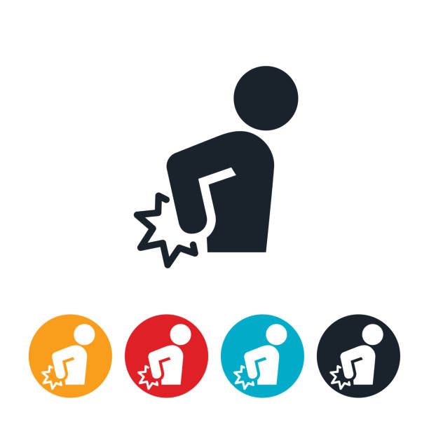 Back Pain Icon An icon of a person holding their back in pain. pain symbols stock illustrations