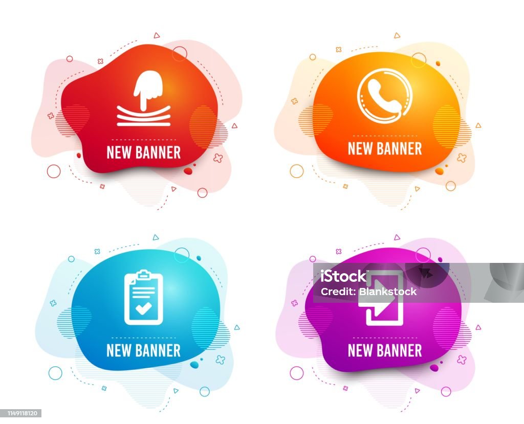 Call center, Checklist and Elastic icons. Login sign. Phone support, Survey, Resilience. Sign in. Vector Liquid badges. Set of Call center, Checklist and Elastic icons. Login sign. Phone support, Survey, Resilience. Sign in.  Gradient call center icon. Flyer fluid design. Abstract shapes. Vector Resilience stock vector