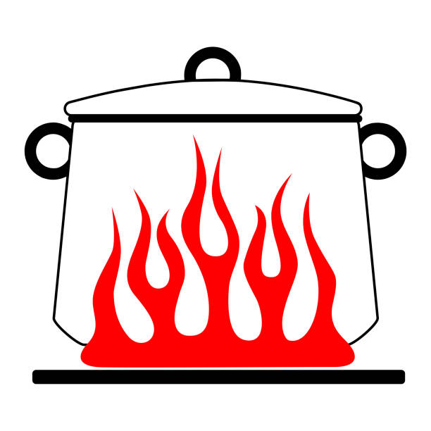 ilustrações, clipart, desenhos animados e ícones de bandeja dos desenhos animados com a tampa fechada em um fogão de gás vermelho. bandeja da cozinha da imagem do vetor no incêndio. ilustração do vetor - saucepan fire steam soup