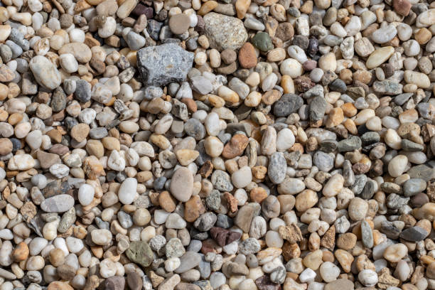 textura do cascalho. pequenas pedras, rochas pouco, seixos em muitos tons de cinza, branco, marrom, verde e azul. textura de rochas pequenas - pebble bed - fotografias e filmes do acervo