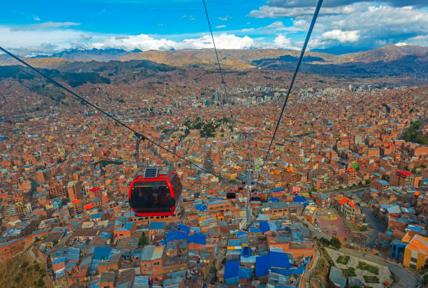La Paz Cable Car Cityscape, Bolivia Cityscape of La Paz city with the new public transport system of Cable Cars named Teleferico and the snowcapped Andes mountain peaks in the background, Bolivia. bolivian andes photos stock pictures, royalty-free photos & images
