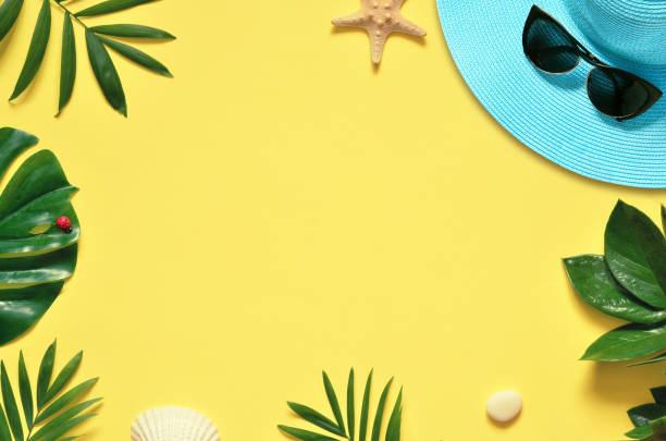 istock Tropical Background. Palm Trees Branches with starfish and seashell on yellow background. Travel. Copy space. 1149120385