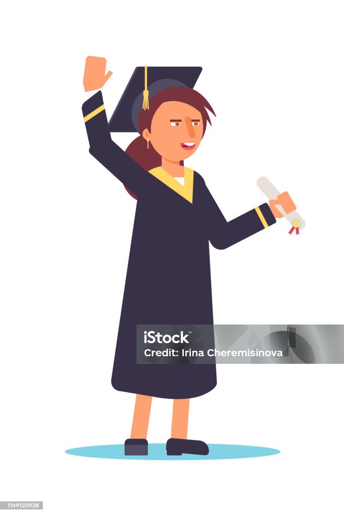 College graduate girl flat vector illustration College graduate girl flat vector illustration. Young smiling woman in mantle and hat with tassel cartoon character. Happy student holding diploma, certificate. Study finish, academic degree gaining Achievement stock vector