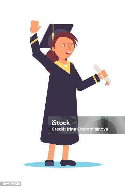College Graduate Girl Flat Vector Illustration Stock Illustration - Download Image Now - Achievement, Adult, Art