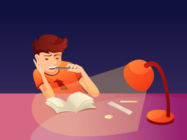 School boy doing homework flat vector illustration School boy doing homework flat vector illustration. Student cartoon character. Night studying color drawing. Kid reading book with lamp. Evening time activity. Essay, project preparing essay writing stock illustrations