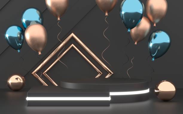 istock 3d render of party design composition. Abstact 3d geometric shapes backdrop for holiday concept. 3d black background with balloons. Round stage podium with led light, award ceremony background. 1149122667