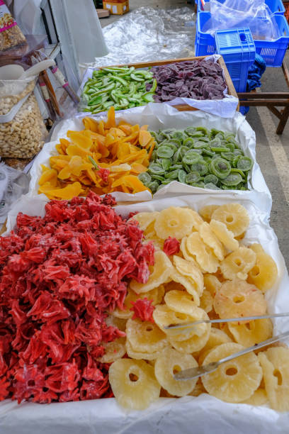 istock Assorted dried fruit on sale on a market stall. 1149132804