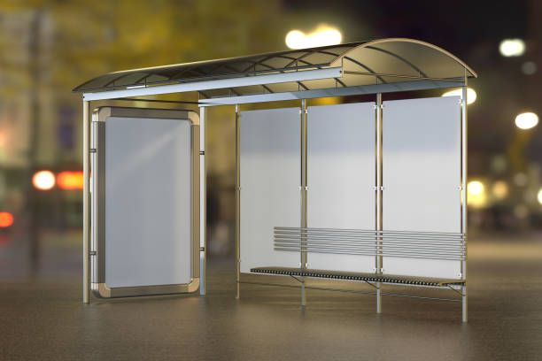 Bus Stop with advertising panels on the night city blurred background. 3D rendering Bus Stop with advertising panels on the night city blurred background. 3D rendering bus shelter stock pictures, royalty-free photos & images