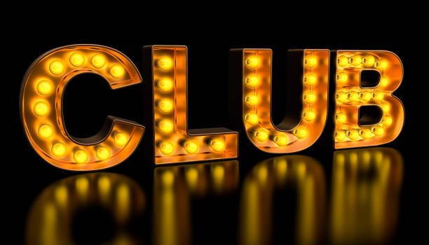 istock Club signboard from golden light bulb letters, retro glowing font. 3D rendering 1149132939