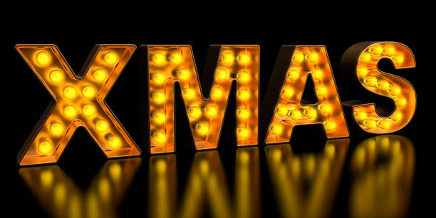 istock Xmas signboard from golden light bulb letters, retro glowing font. 3D rendering 1149132977