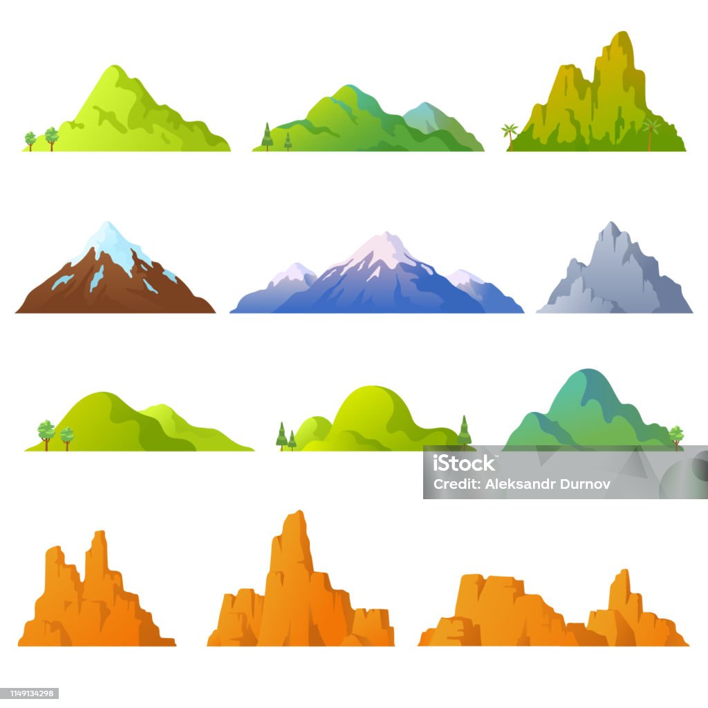 Ilustración de Colección De Montañas En Estilo De Dibujos Animados Picos De  Montañas Vectoriales Aisladas Sobre Fondo Blanco Paisaje Rocoso Acantilados  Del Desierto Fondo Con Cerros Elementos Para Su Diseño Eps 10