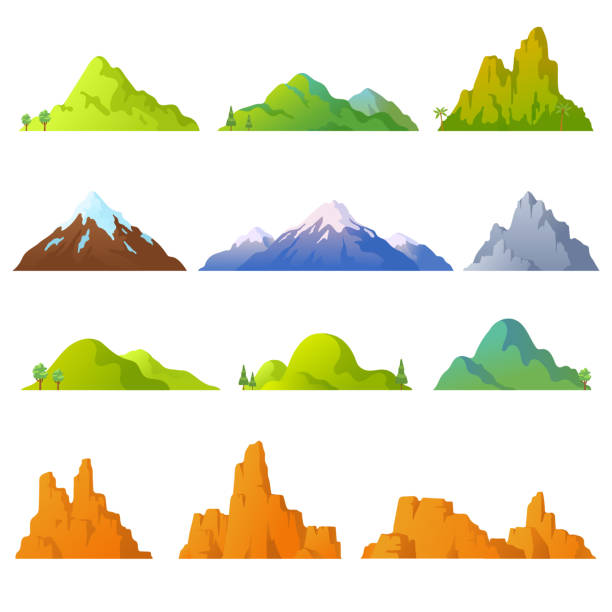 ilustrações de stock, clip art, desenhos animados e ícones de collection of mountains in cartoon style. vector mountains peaks isolated on white background. rocky landscape. desert cliffs. background with hills. elements for your design. eps 10. - mountain peak illustrations