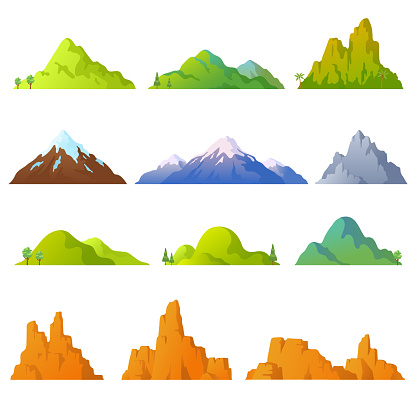 Collection of mountains in cartoon style. Vector mountains peaks isolated on white background. Rocky landscape. Desert cliffs. Background with hills. Elements for your design. Eps 10.