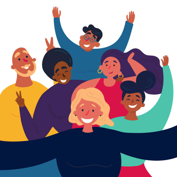 bildbanksillustrationer, clip art samt tecknat material och ikoner med flickan gör rolig selfie grupp bild - vänner